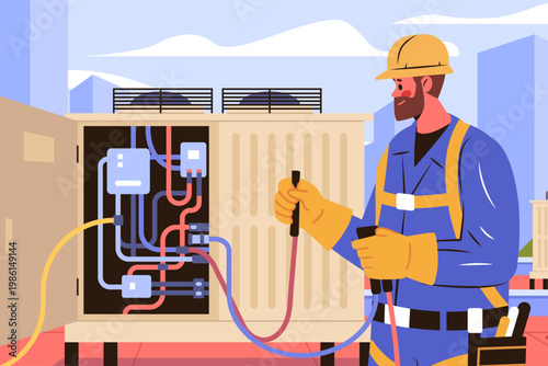 HVAC technician repair maintenance rooftop air conditioning unit worker wearing safety gear holding tools colorful urban background