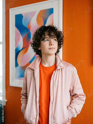 Young boy with curly hair wearing an orange t-shirt and a pink jacket teenager portrait clothing confident interior lighting expression thoughtful casualwear generation adolescent