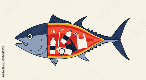 Tuna fish sliced open revealing plastic bottles inside ocean pollution scene
