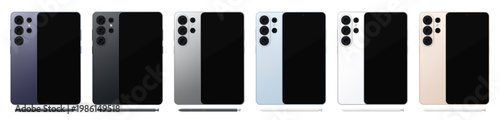 Detailed mobile phones with stylus mockup pack. Front and rear view isolated on transparent background. Vector PNG