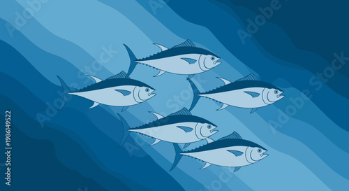 A school of fish swim together underwater in the ocean with waves.