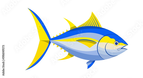 Vibrant blue and yellow fish illustration swimming in ocean waters.