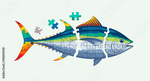 A colorful illustration of a fish puzzle with pieces floating nearby on a table