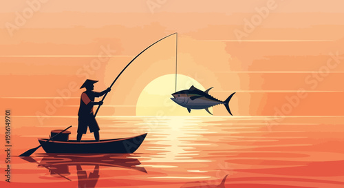 Man fishing on a boat catching a large fish at sunset on the ocean