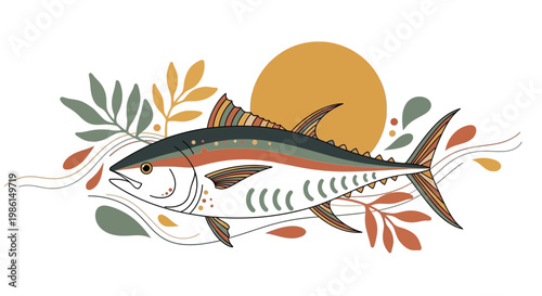 An illustration of a large fish surrounded by colorful leaves and a sun.