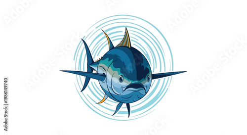 A bluefin tuna swims through concentric circles in the ocean water.