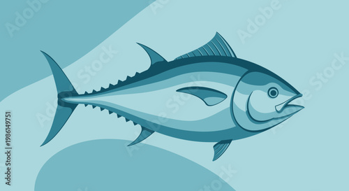 A blue illustration of a large tuna fish swimming right in water waves.