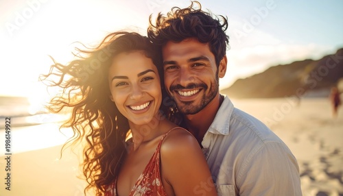Smiling couple embracing on a sandy beach at sunset, with golden sunlight and ocean in background