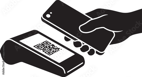 Hand holding phone for QR code payment, POS terminal receiving payment, modern financial transaction, cashless society concept vector illustration.