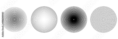 Black concentric circle set. Sonar or sound wave ring collection. Dotted and linear epicentre, target, radar icon concept. Ripple radial signal or vibration elements. Vector line and halftone symbols