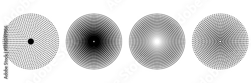 Black concentric circle set. Sonar or sound wave ring collection. Dotted and linear epicentre, target, radar icon concept. Ripple radial signal or vibration elements. Vector line and halftone symbols