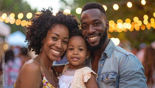 Happy Black Family Posing Together Outdoors at Dusk with String Lights.