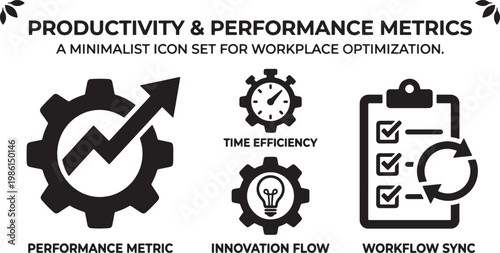 Productivity and performance metrics icon set, minimalist design for workplace optimization and business growth, vector illustration.