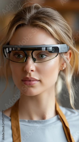 Close up portrait of european woman wearing smart glasses using augmented reality technology in modern digital environment