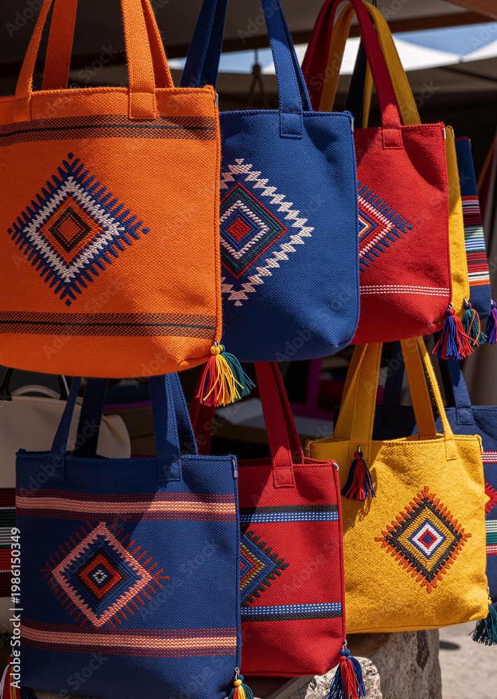 Naklejka premium Colorful Handmade Textile Tote Bags at Outdoor Market