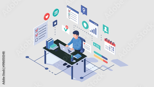 Isometric productivity workflow task management office flat vector illustration