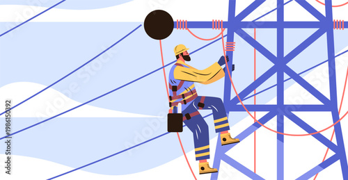 Electrical lineworker climbing transmission tower safety harness blue sky geometric structure professional occupation energy industry