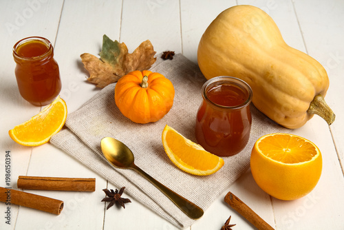 Jars of sweet pumpkin jam w...