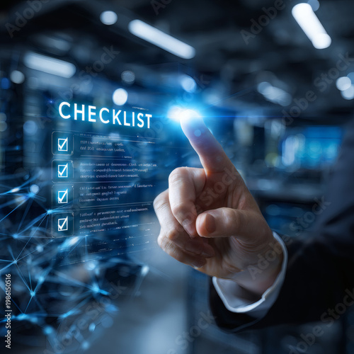 A hand in a suit is touching a digital checklist