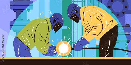Welders industrial teamwork factory workers welding metal sparks protective gear machinery background flat design
