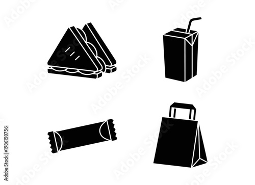 Collection of four food and drink icons, including a sandwich, juice box, candy bar, and paper bag