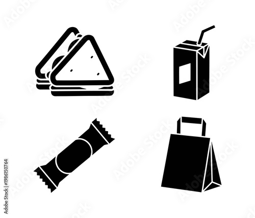 A convenient collection of stylized graphic elements depicting essential lunch and snack items for quick on-the-go meals, including sandwiches, a juice box, a snack bar, and a carry bag