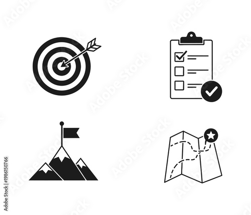 Set of icons representing goals, achievements, and planning for success and travel adventures