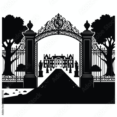 Canvastavla Ornate Mansion Gate and Luxury Estate Silhouette Vector Illustration