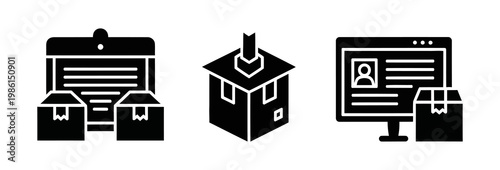 Vector icons of delivery and shipping services including packages, warehouse, and online order tracking on a computer monitor