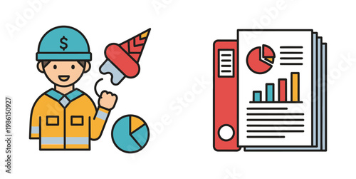 Illustrative icons depicting comprehensive business success, financial growth, and data analysis, featuring a triumphant professional and detailed performance reports