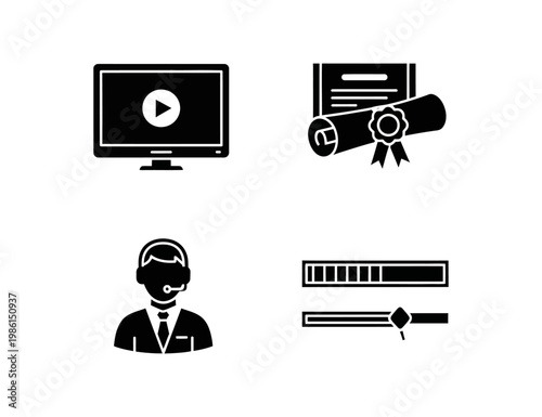 Digital education and online learning icons video lessons, academic certificates, dedicated support, and progress bars. Essential visuals for e-learning platforms and virtual courses