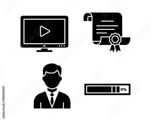 Educational concepts visualized through icons video, diploma, person in suit, and progress bar