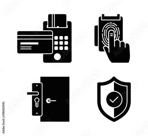 Set of four black and white icons representing payment, fingerprint security, door lock, and shield with checkmark for secure transactions and access