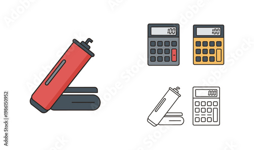 Calculator and stapler icon set in flat and outline styles