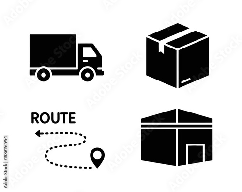 Logistics and delivery icons truck, box, route map, and warehouse