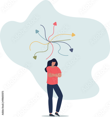 Decision fatigue and tired female with confusion struggle . Doubt and frustration with burnout signs .person's life situation and his activities.