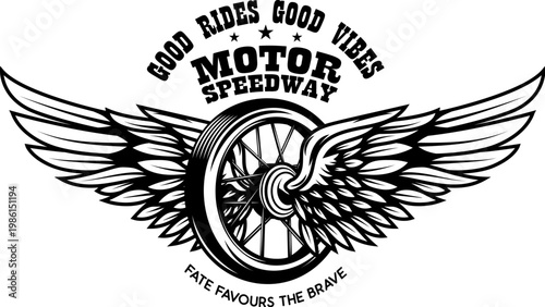 A vintage-style motorcycle emblem featuring a spoked wheel with large spread wings, arched text "Motor Speedway," and the slogan "Fate Favours The Brave." Ideal for biker logos.