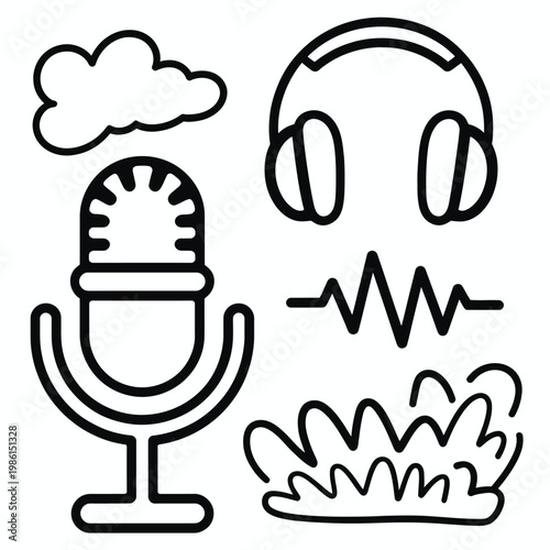 Set of 5 black outline audio and podcasting vector icons
