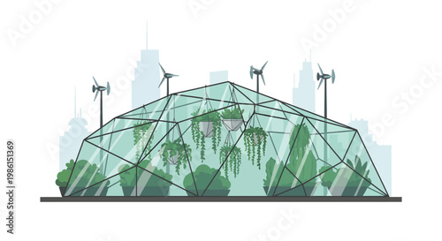 Eco friendly city greenhouse with wind turbines and urban skyline