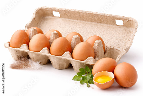 Fresh Eggs in Carton: A dozen fresh, brown eggs arranged neatly in a rustic carton, showcasing the simplicity and freshness of nature's bounty. The image evokes a sense of natural.