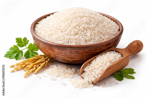 Harvest Bounty: A picturesque wooden bowl overflowing with long grain rice, accompanied by a wooden scoop and sprigs of fresh parsley, evokes a sense of culinary delight and agricultural abundance.