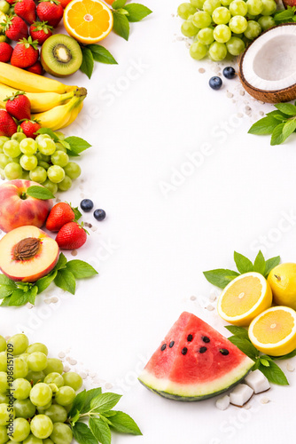 Fresh and Vibrant Fruit Composition: A colorful assortment of fresh, ripe fruits artfully arranged, bursting with natural flavors and vitality.