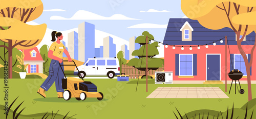 Woman mowing lawn backyard landscaping service suburban house trees van equipment modern cityscape outdoor scene