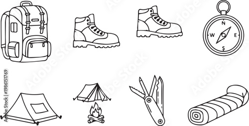 hand drawn hiking gear with backpack, boots compass tent and sleeping bag line art vector illustration