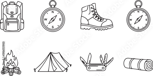 Outdoor Adventure and Camping Equipment Linear Icon Set