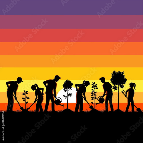 People Planting Trees Silhouette Sunset.