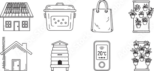 Sustainable Lifestyle and Green Home Energy Linear Icon Set