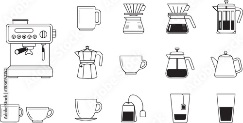 Professional Coffee Maker and Tea Brewing Equipment Linear Icon Set