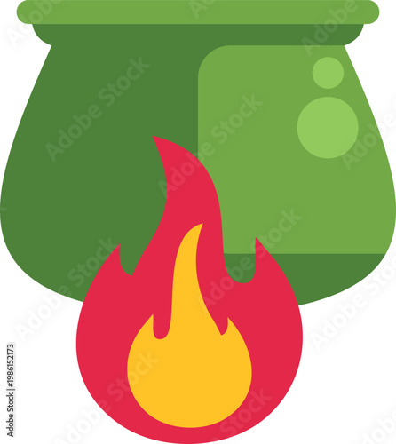 Green cauldron with bubbles brewing magic potion over a fire