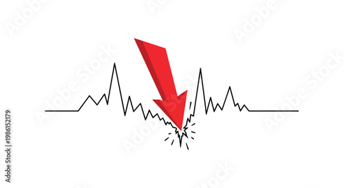 Dynamic red three-dimensional arrow points downward while crashing through a jagged black line graph depicting a sudden financial collapse or market decline.